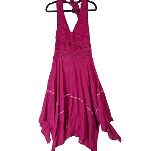 Vintage Women size L Pink Boho Hippie Festival Halter Handkerchief Dress No Tags